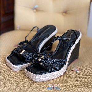 Marc Fisher Black and Tan Braided Wedge Sandals